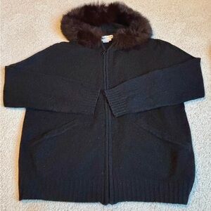 Mel & Lisa Fur Collar Silk and Cashmere Black Sweater